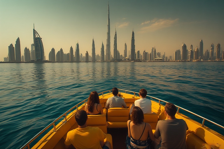 Yellow Boats Abu Dhabi tour with tourists enjoying skyline views